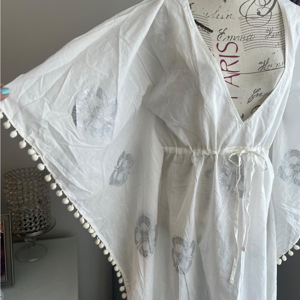 Moda International White Pom-Pom Kafton Swim Cover-Up Size Large